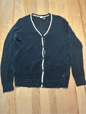 ROXY Navy V-Neck Button Cardigan with White Trim - Women Sweater